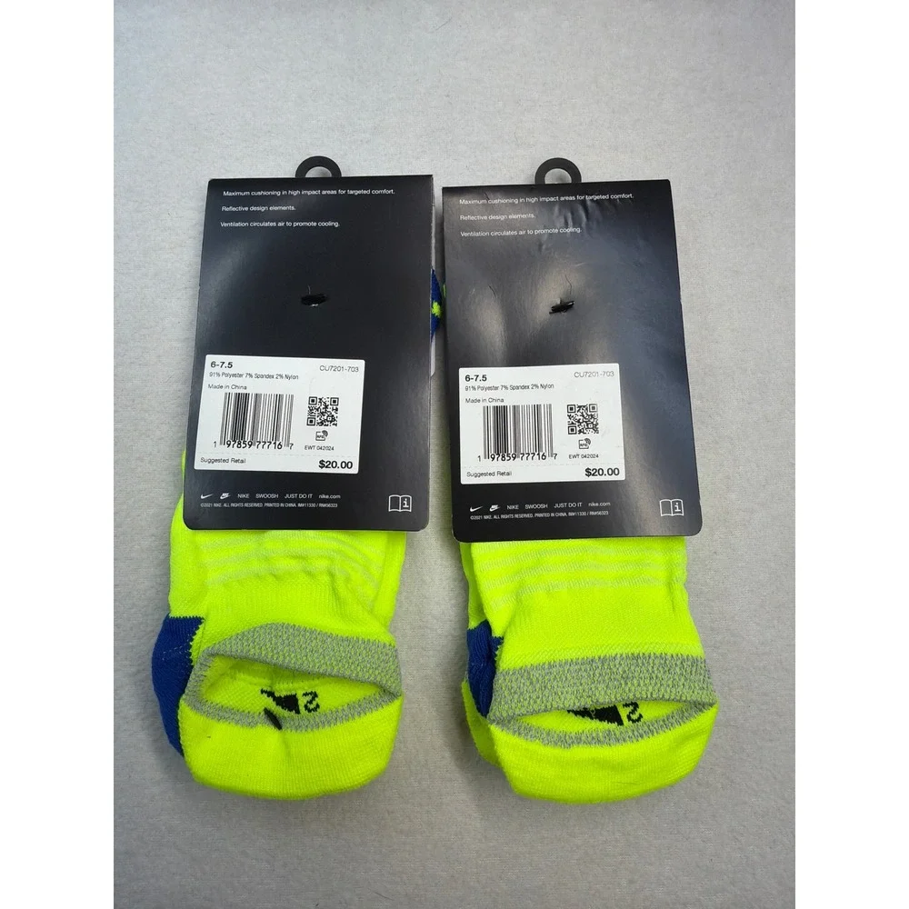 2 Nike Spark Running Cushioned No Show Socks Volt yellow Blue M 6-7.5 W 7.5-9